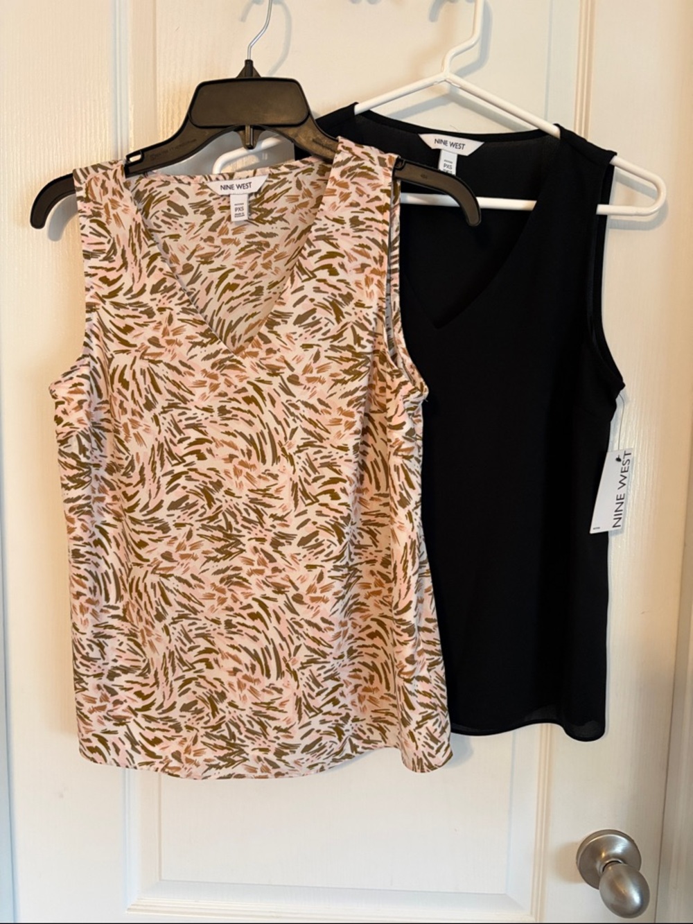 Nine West Sleeveless V-Neck Tank Tops – Black and Pink Print (2-Pack)